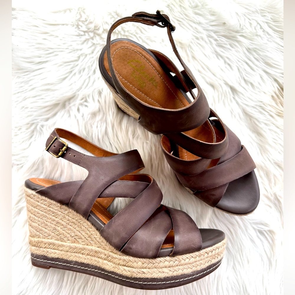 Clark Wedges platform leather brown sandals Size 9